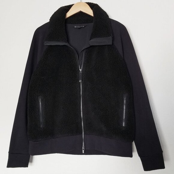 Athleta Range Sherpa Full Zip Jacket Black Teddy Fleece Sweatshirt M Athleisure - Picture 2 of 15